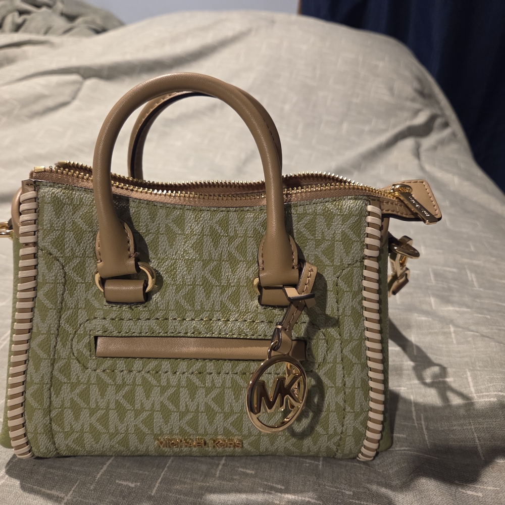 Michael Kors Green and Tan Mini Bag with Signature Monogram